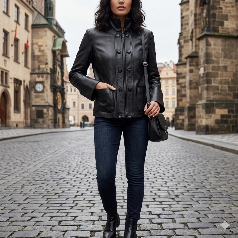 Calvin‎ Klein Black Leather Military Jacket Mock Neck Zip Button Womens M Biker